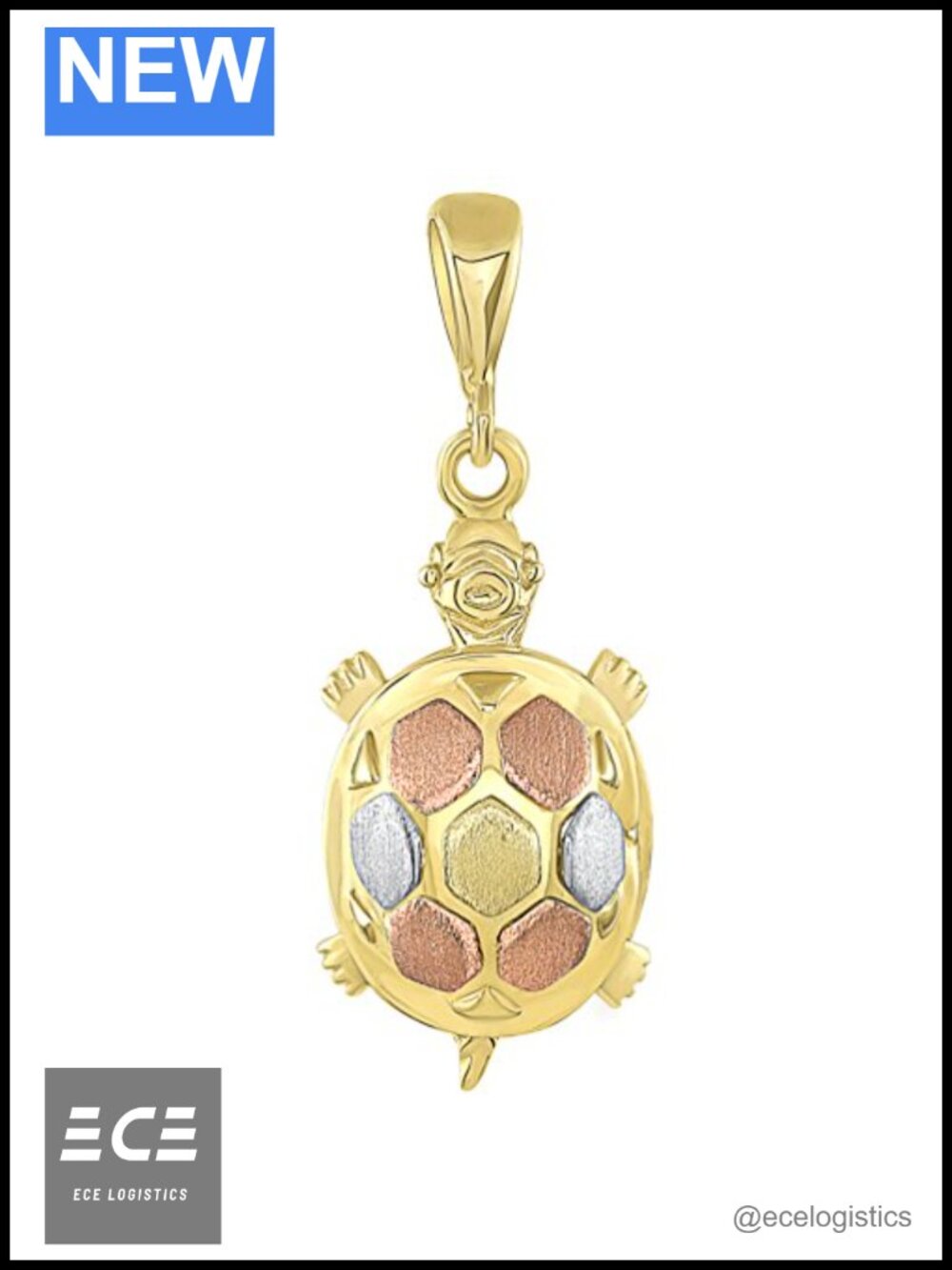 14K Tri-Color Gold Turtle Charm Pendant Handmade Solid Gold